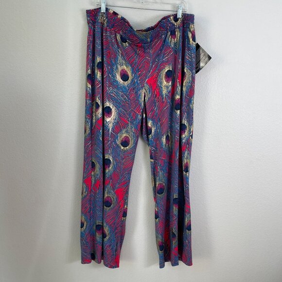 NEW IMAN Womens Plus 2XP Wide Leg Pants Peacock Feather Design Stretch Pull On - Picture 1 of 7
